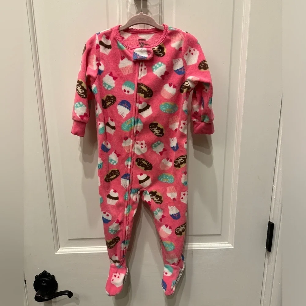 NWOT Carter’s 12M Pink Multicolor Dessert Long Sleeve Girls Footie Pajamas
